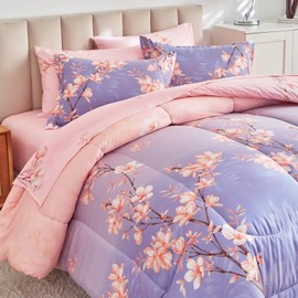 AIKASY Pink and Light Purple Twin Comforter Set with Sheets,Bed in a Bag 6-Pieces,Branches and Flowers Printing Design,Ultra Soft Down Alternative All Season Bedding Set(Twin,Blossom Stem)