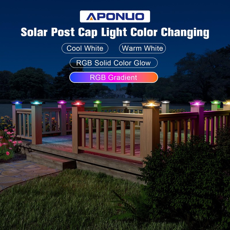 APONUO 4x4 Solar Post Cap Lights with 8 RGB Solid