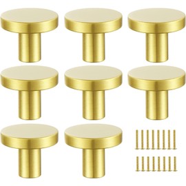 8PCS Brass Gold Cabinet Knobs, 25mm Small Round Dresser Knobs, Solid Modern Single Hole Drawer Knobs, Metal Cupboard with Screws Decorative Kitchen Hardware (8, 25mm/1inch)