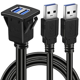 BATIGE Cable de extensión cuadrado USB 3.0 de doble puerto con hebilla para coche, camión, barco, motocicleta, salpicadero, 1 pie