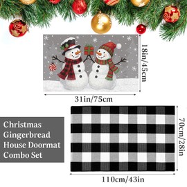 FuWeave 2 Pcs Christmas Doormats with Outdoor Rug Door Mat Combo Set 100% Coir Welcome Mat and 27.5"x 43" Buffalo Plaid Layering Rug for Outdoor Front Porch Decor(Black, White and Gray, Santa)
