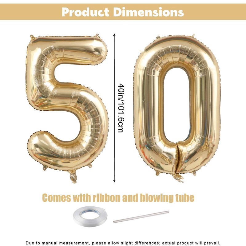 40 Inch 50 Number Balloons, White Gold Giant Jumbo Number