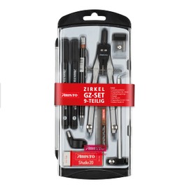 Aristo AR80078 Quick Adjustment Compass 9-Piece School Set (Compass with 2 Joints and Extensive Accessories, Mechanical Pencil with Refills 0.5 mm, 2 Pigment Liners, Eraser) Silver/Black