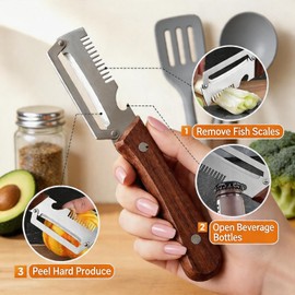 Pelador de verduras Multifuncional para Cocina: 3 en 1 Pelador con Mango de Madera, Se Puede Usar para Abrir Botellas, Rallar y Pelar Verduras, Pela Papas y Manzanas de Forma Rápida y Sencilla(3PCS)