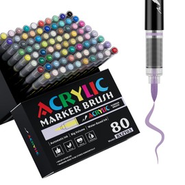 Genuisart 80 Colors Acrylic Marker With Brush Tip Automatic Ink Control, Water Based Ink Paint Markers For Rock Painting, Canvas, Wood, Ceramic, Glass, Stone, Fabric, DIY Crafts Textile & Art Supplies