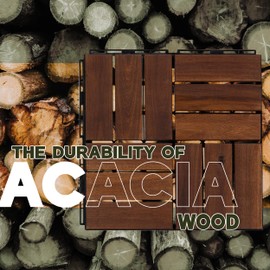 VICTORY RELAX Acacia Wood Patio Deck Tiles - 27 Pcs 12 Slats Interlocking Decking Tiles for Patio Decor, Waterproof Indoor & Outdoor Use, Balcony Garden Decking Tile (11.81 x 11.81 x 0.94) - Brown