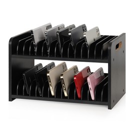 Ozzptuu Cell Phone Storage Classroom Cell Phone Holder Adjustable Wooden Multiple Cell Phone Rack Caddy Organizer Box for Classroom Office Desktop with 1-30 Number Stickers (30-Grid) (Black)