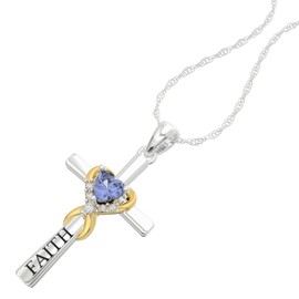 Belinda Jewelz Womens 925 Sterling Silver Cross Heart Tanzanite Gemstone Pendant Necklace Faith Engraved 18" Rope Chain CZ Jewelry Gift for Wedding