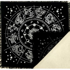 Altar Cloth 12 Constellation Sun, Star & Moon Universe Premium Witchcraft Alter Tarot Spread Top Cloth Wicca Square Spiritual 18 by 18 (Zodiac Silver)