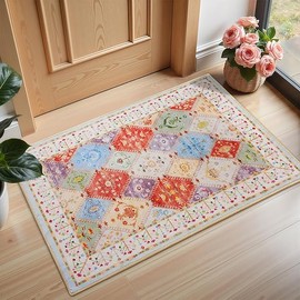 2'x3' Small Moroccan Trellis Washable Rug, Vintage Floral Entryway Rugs Boho Non-Slip Indoor Entrance Soft Throw Carpets, Stain Resistant Carpet for Bedroom Girls Kitchen Bathroom, Cream/Multi
