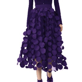 Women Tulle Midi Skirt High Elastic Waist 3D Polka Dot Mesh Skirt A-Line Layered Bubble Skirt Graduation Dress (Purple, One Size)