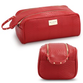 REVLON Croc Embossed Makeup Bag - Small Makeup Pouch, Travel Makeup Organizer with Two Zippers, Cosmetic Bag, Mini Makeup Case with Pockets - Gifts for Women, Ladies, or Teen Girls, Cherry Red