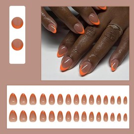 Orange Almond Press On Nails Short Medium Fake Nails French Tip Stick On Nails With Simple Designs For Women Fancy False Nails Full Cover Artificial Glue On Nails Diy Acrylic Nail For Wedding 24pcs