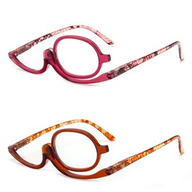 MMOWW 2 Pairs Makeup Reading Glasses for Women Magnifying Flip Down Cosmetic Readers （Red+Orange,+3.5）