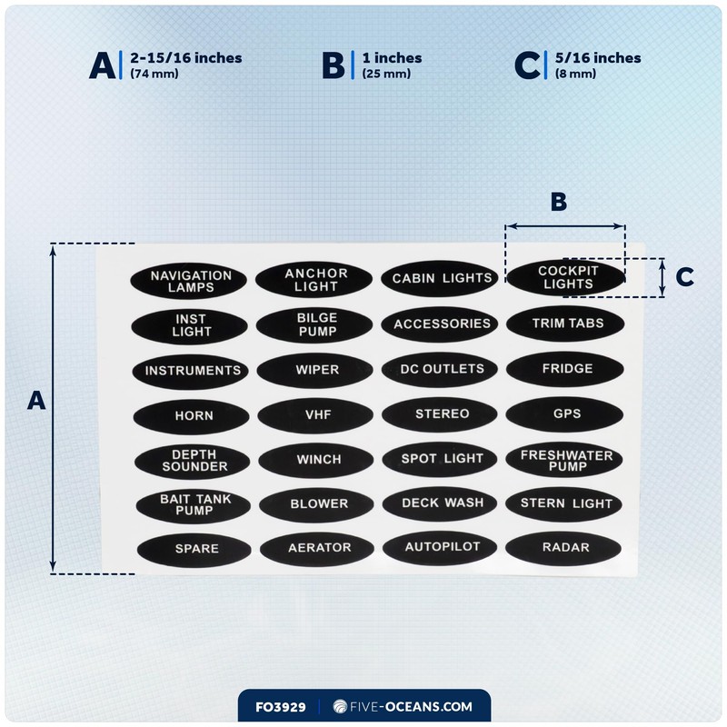 Five Oceans Boat Switch Panel Labels, 28 Pcs per Sheet,