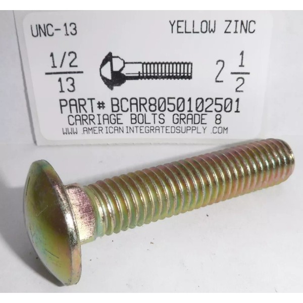 AMERICANINTEGRATEDSUPPLY.COM 1/2-13X2-1/2 CARRIAGE BOLTS GRADE 8 STEEL YELLOW ZINC PLATED