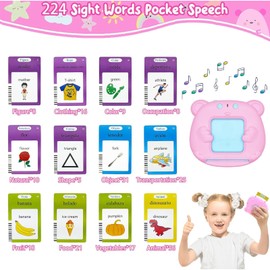 Toddler Toys Flash Cards Spanish - 224 Sight Words Pocket Speech Therapy Toys - Bilingual Talking Flash Cards - Autism Sensory Toys for Autistic Children - Learning Montessori Tool Pink