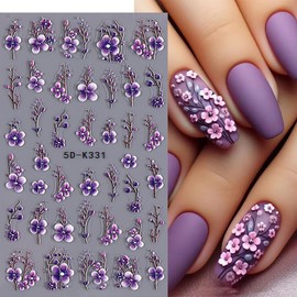 Flower Nail Stickers 5D Embossed Spring Nail Decals 3PCS Self-Adhesive Pink Purple Rose Plant Heart Nail Design Stickers Acrylic Flowers Nail Art Supplies for Women DIY Nail Art Decorations