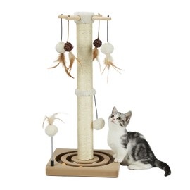 PEEKAB Cat Scratching Post Sisal Scratch Posts for Indoor Cats and Kittens with Tracking Ball Interactive Toys and Hanging Balls 25 Inches Beige