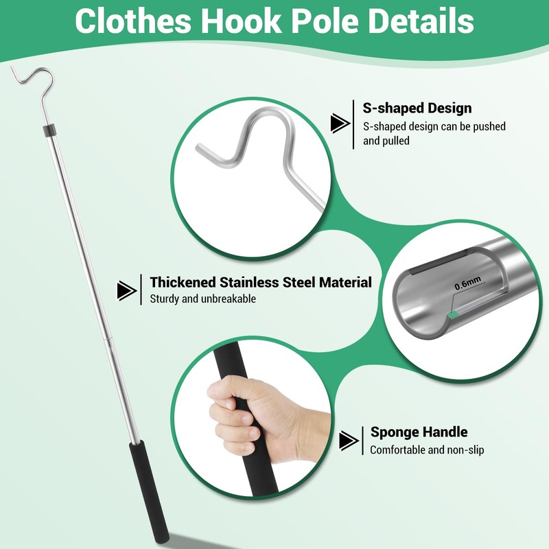 Greeily Clothes Hook Pole, High Reach Garment Hook for Hanging
