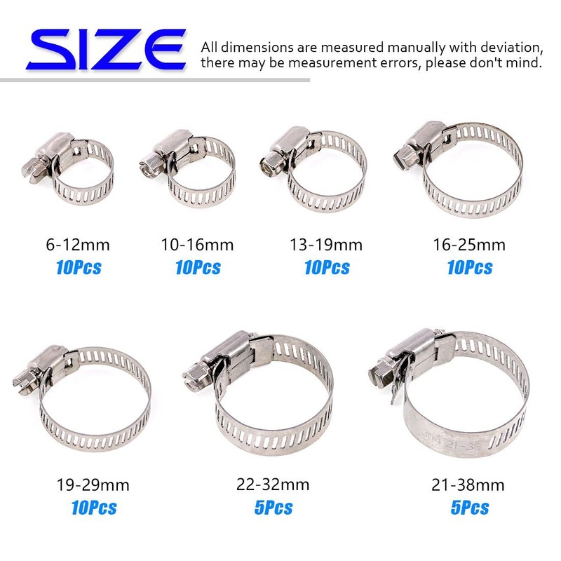 Swpeet 60Pcs Assorted Sizes Hose Clamps Kit, 304 Stainless Steel
