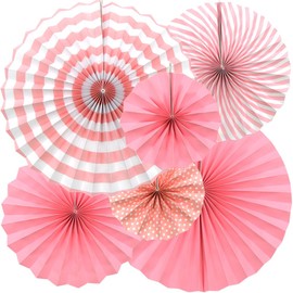 Hocansen Pack of 6 Paper Fans Decoration 20/30/40 cm Hanging Paper Fan Decoration Round Striped Paper Fans for Party, Birthday, Festival (Pink/ZS)
