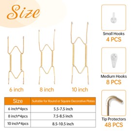 Bilillo 12-Piece Stainless Steel Wall Plate Hangers, 6/8/10 Inch Invisible Decorative Wire Plate Holders with 12 Pieces Wall Hooks for 5.5 to 10.5 Inch (Gold)