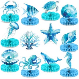 12Pcs Gradient Blue Under The Sea Honeycomb Centerpiece Sea Animal Coastal Beach Table Decor Ocean Marine Creature Table Honeycomb for Coastal Nautical Birthday Party Baby Shower Wedding Favors