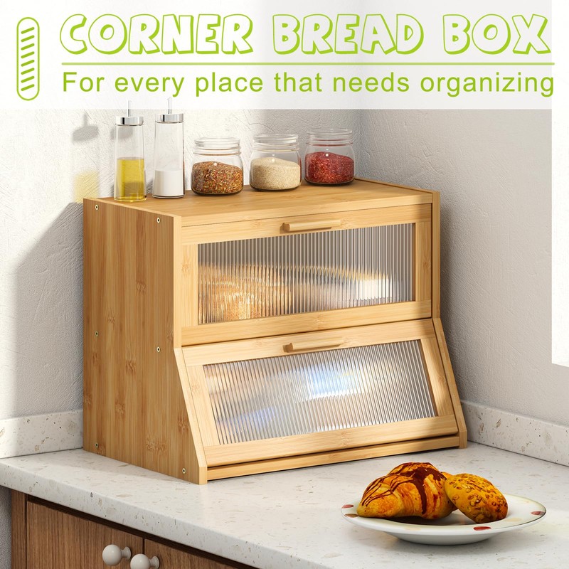 Large Bread Box Double Layer Bamboo Bread Box for Kitchen