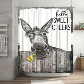 citari Funny Donkey Shower Curtain Rustic Floral Farmhouse Bathroom Shower Curtains Black and White Cute Animal Modern Polyester Fabric Waterproof 12 Pack Plastic Hooks 72 x 72 Inch