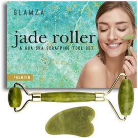 Jade Face Roller - GLAMZA Double Ended Facial Roller & Gua Sha Massage Tool - Stimulates Lymphatic Drainage, Improving Skin-Tone & Reducing Fine Lines & Wrinkles