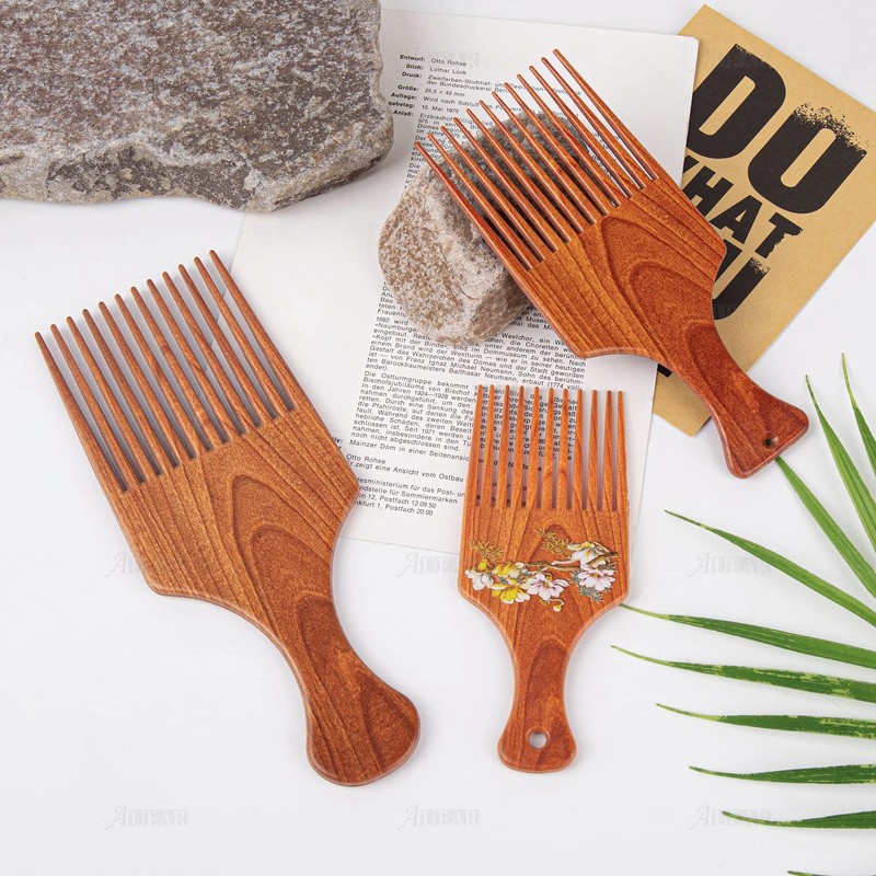 AUEAR, 3 Pack Hair Pick Wooden Comb, Wide Tooth Afro