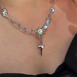 Atentuyi CZ Cross Pendant Necklace Silver Rhinestone Cross Necklace Crystal Small Cross Choker Opal Moonstone Necklace Link Chain Gemstone Necklace Jewellery for Women and Girls