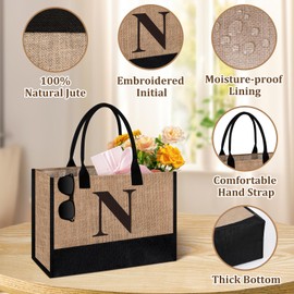 Initial Jute Tote Bag & Makeup Bag, Birthday Gifts for Women Her Mum Teacher, Suitable for Wedding, Beach, Holiday (N)