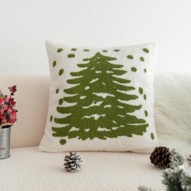 VANNCIO Fluffy White Green Christmas Decorative Pillow Cover, Neutral Farmhouse Throw Pillow Case with Tree Embroidery, Winter Holiday Boucle Sham for Bed Couch Sofa Decor, 18x18 Inch, 1PCS