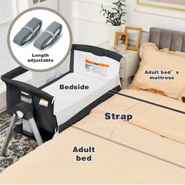 INFANS Baby Bassinet Bedside Crib, Newborn Sleeper w/Large Storage Basket, Adjustable Heights & Angle, Detachable &Washable Mattress, Breathable Mesh, Straps, Easy Moving Bed Side (Grey)