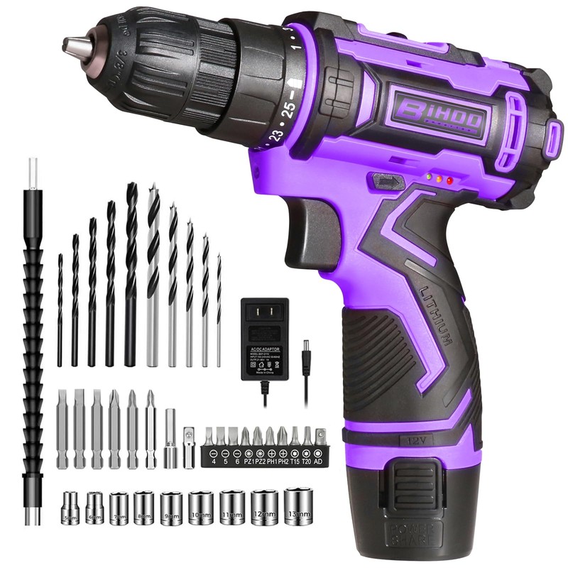 Purple 12V Cordless Drill,Electric Power Driver Kit,3/8-Inch Keyless Chuck, Variable