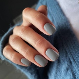 SXVME Grey Press on Nails Short Square Acrylic Short False Nails Coffin Natural Acrylic Fake Nails Set Elegant Solid Color Full Cover Glossy Gel Stick on Nail for Women Daily Wear 24 Pcs