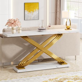Tribesigns 55 Inch Modern Console Table, Faux Marble Gold Entryway Table Behind Sofa Couch, Narrow Rectangular Sofa Table for Living Room, Bedroom, Front Hall, Hallway, Gold & White