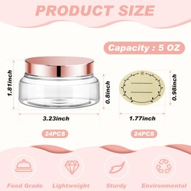 Tessco 24 Pack Plastic Jars with Lids Labels Empty Clear Plastic Jars Round Refillable Cosmetic Containers Body Butter Containers Bulk Sugar Scrub Bottle for Make Up(5 oz,Clear, Rose Gold)