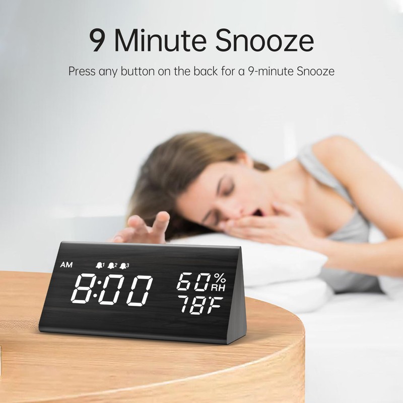 Digital Alarm Clock, with Wooden Electronic LED Time Display, 3