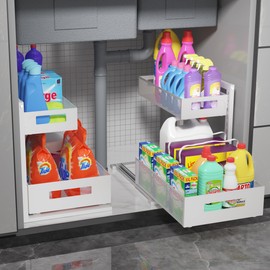 HAIREALM Under Sink Organizer, Adjustable Under Sink Organizers and Storage, 2 Tier Bathroom Kitchen Cabinet Organizers, Metal Pull Out Cabinet Organizer with Silk slide ball guide rail White XL-2PC