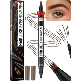 Microblading Eyebrow Pen - Eyebrow Pencil Magical 2-in-1 Dual-Ended Waterproof Eye Brow Pencils for Women with 4-Fork-Tip & Precise Brush-Tip for Natural Hair Like Strokes, Last All-Day, Dark Brown