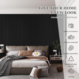 Wood Salt Acoustic Wall Panels, 4 Piece 94" x 12.6" x 0.8" Soundproof Wooden Wall Panels, 3D Fluted Sound Absorbing Panel, Matte Black