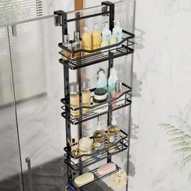 SWTYMIKI SWTYMIKI Over the Door Shower Caddy - 4 Tier Adjustable Shower Organizer Hanging with Soap Holder, No Drilling Stainless Steel Bathroom Rack Hanging for Body Wash, Shampoo, Soap, Razor, Black