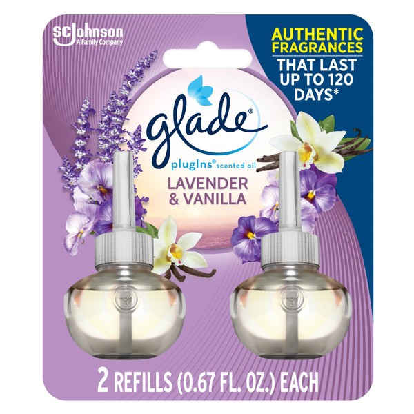 Glade PlugIns Refills Air Freshener, Scented and Essential Oils for Home and Bathroom, Lavender & Vanilla , 1.34 Fl Oz, 2 Count