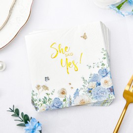 Crisky 50 Pcs Bridal Shower Napkins Gold Foil She Said Yes Blue Floral Paper Disposable Napkins for Wedding/Engagement/Bridal Shower Party Decoration, 3-Ply