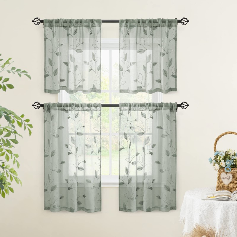 HOMEIDEAS Sage Green Sheer Kitchen Curtains 30 X 24 Inch