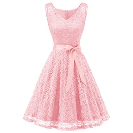 Dressystar 0010 Women Floral Lace Bridesmaid Party Dress Short Prom Dress V Neck Pink XXL