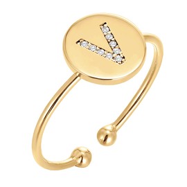 PAVOI Womens 14K Yellow Gold Plated Disc Initial Adjustable Ring | CZ Initial Ring | Initial Rings For Women | "V" Initial Ring V